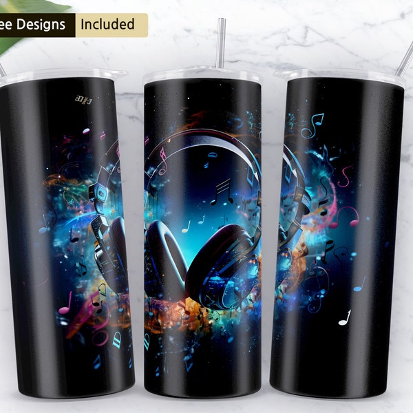 music with headphones 20 oz Skinny Tumbler Sublimation Design, Instant Digital Download PNG, Tumbler Wrap PNG