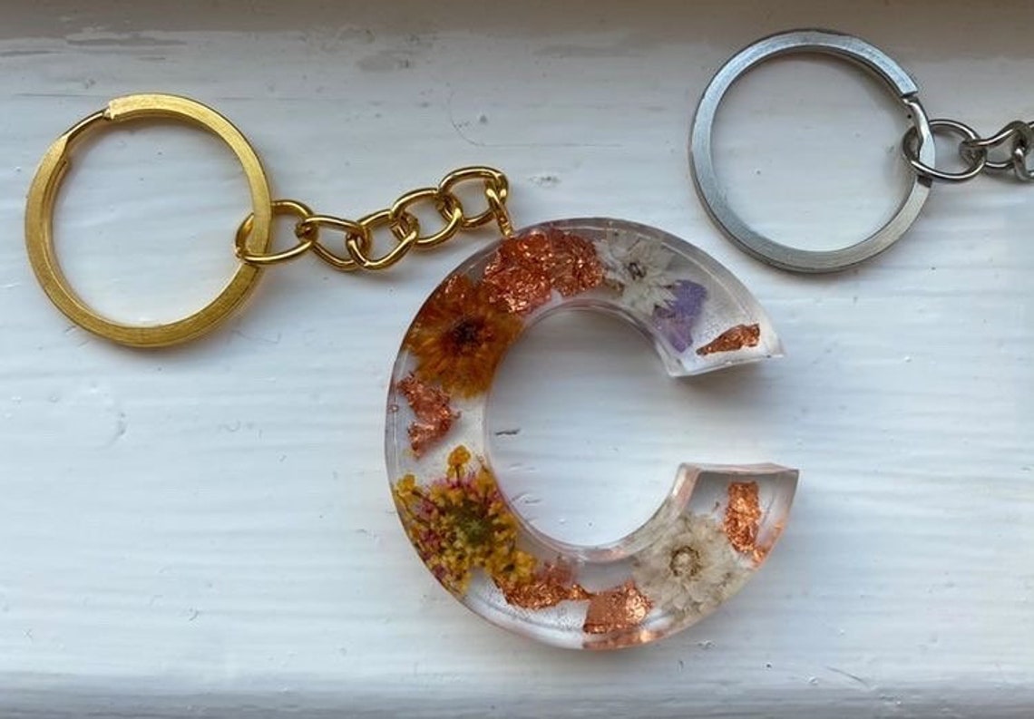 Clear Resin Initial Keyrings With Foil Flakes And Flowers Etsy