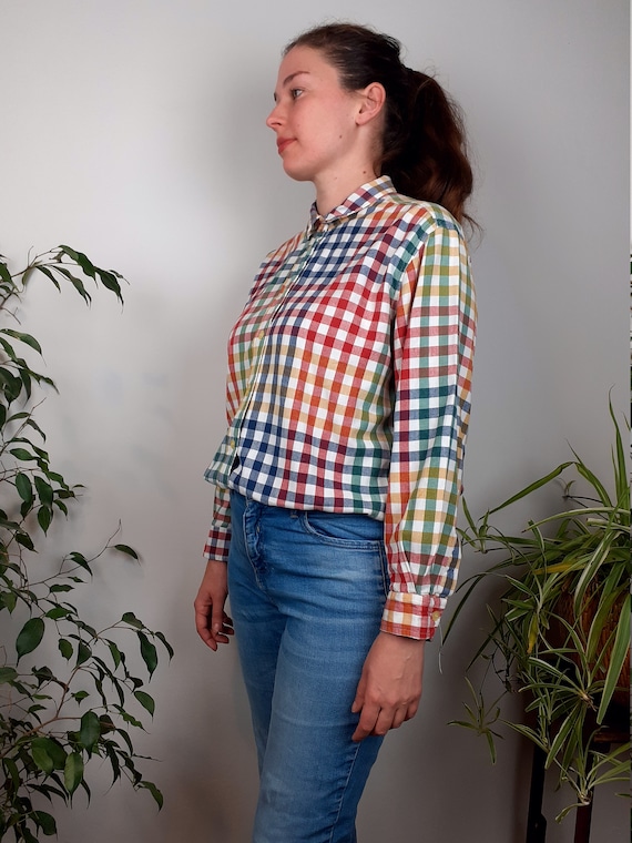 Vintage shirts for women, colorful checked boyfrie