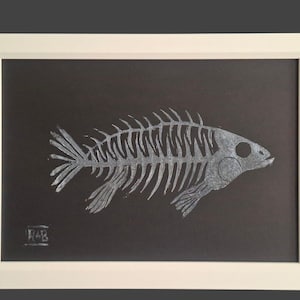 Original lino cut print of fish bones, art print A4 .