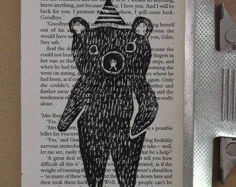 Original hand cut lino print on a vintage book page / bear print / kids room art