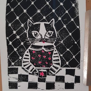 Lino cut print, cat print, Pandora drinking tea. Home decor , art.