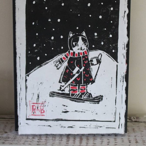 Lino cut print, cat print, Katies skiing holiday, Home decor , art.