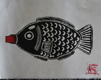 Original lino cut print of a Soy sauce fish on Awagami paper