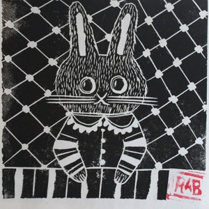 Original lino cut print of Lilith the bunny on Awagami paper