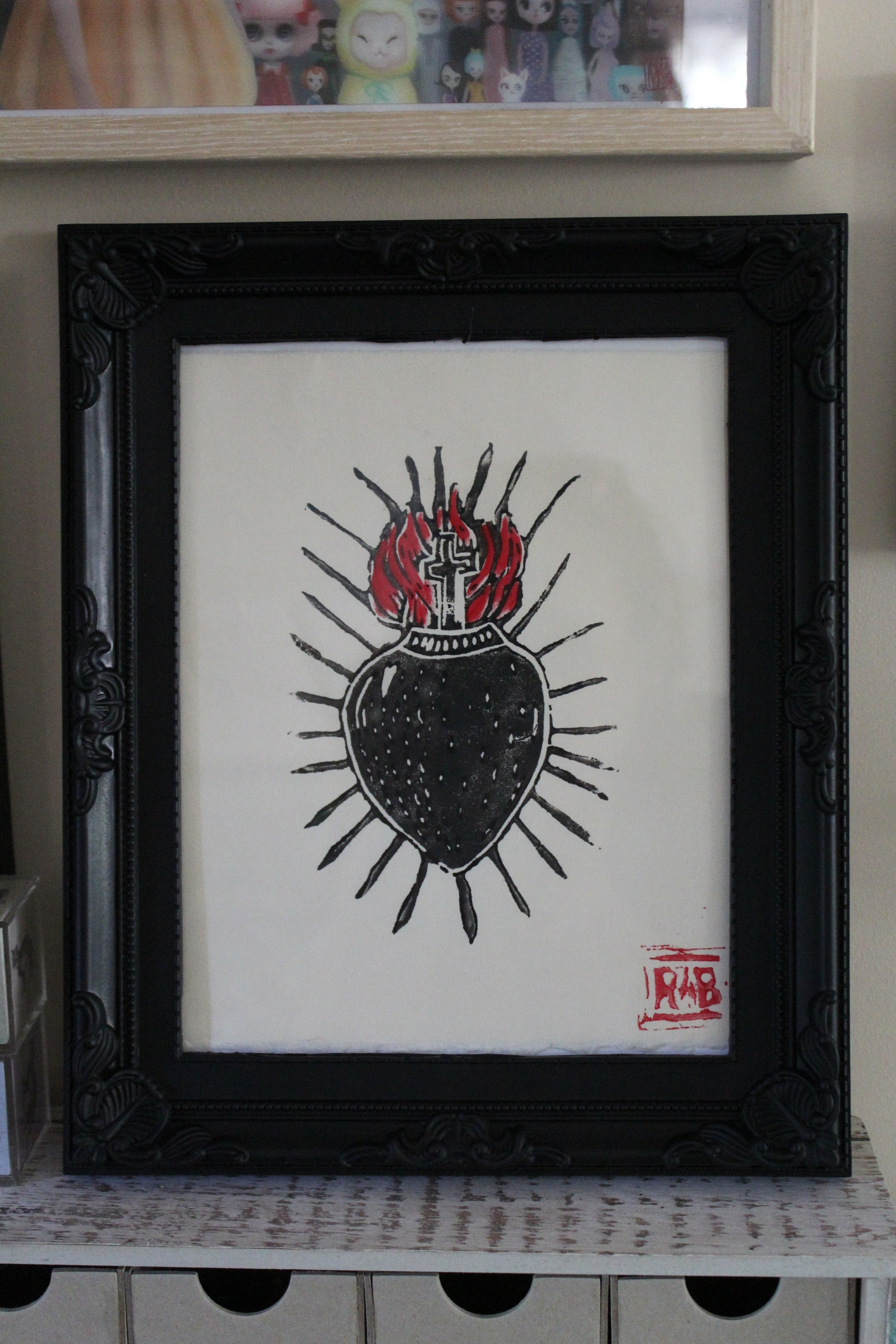 Original lino cut print of a Sacred heart on Awagami paper