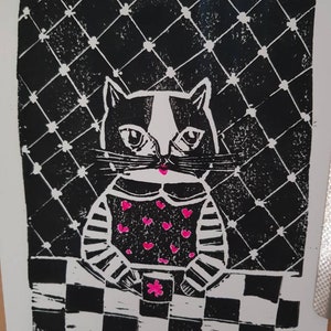 Lino cut print, cat print, Pandora drinking tea. Home decor , art.
