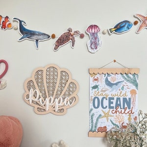 Personalised Rattan Shell Name Sign – Boho Nursery and Coastal Wall Decor – Custom Mermaid & Beach Room Accent- under the sea