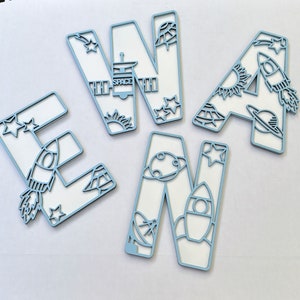 personalised space letter wall art featuring rocket, moon, planets & stars - ideal for children theme space room.
