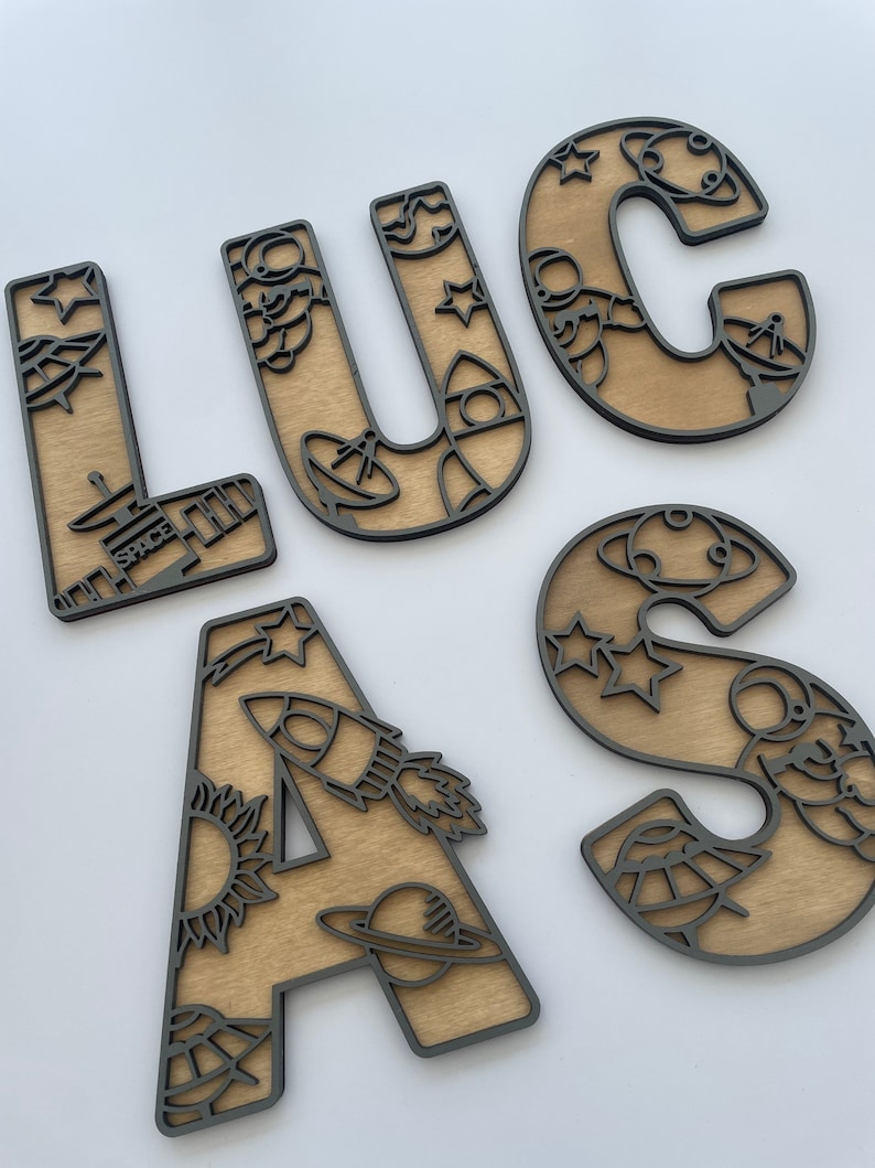 personalised space letter wall art featuring rocket, moon, planets & stars - ideal for children theme space room.