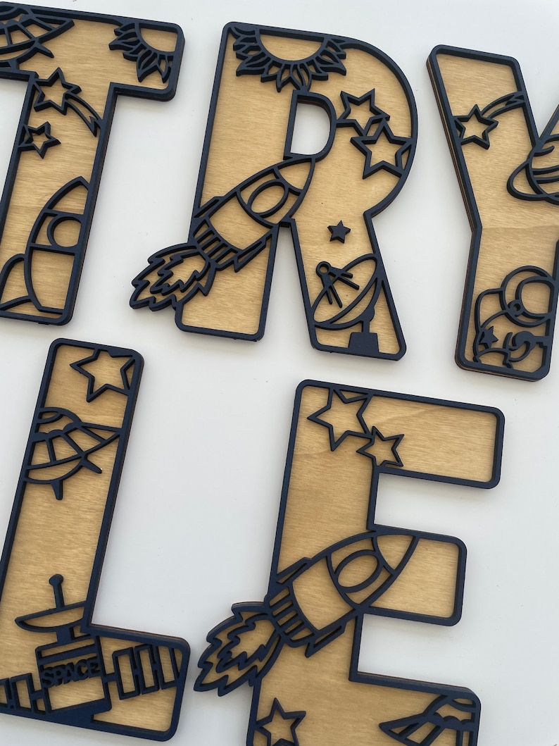 personalised space letter wall art featuring rocket, moon, planets & stars - ideal for children theme space room.