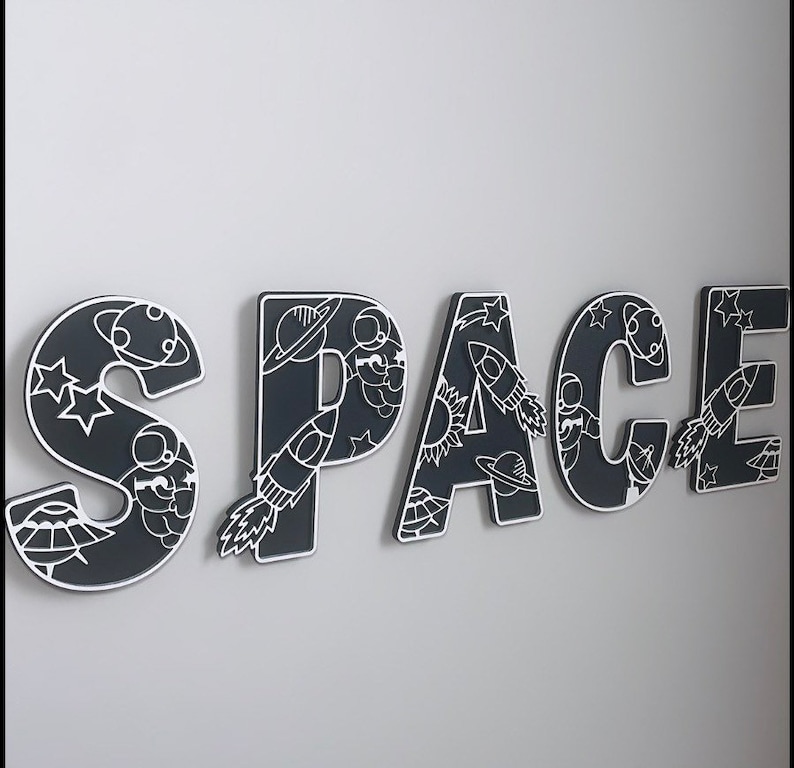 personalised space letter wall art featuring rocket, moon, planets & stars - ideal for children theme space room.