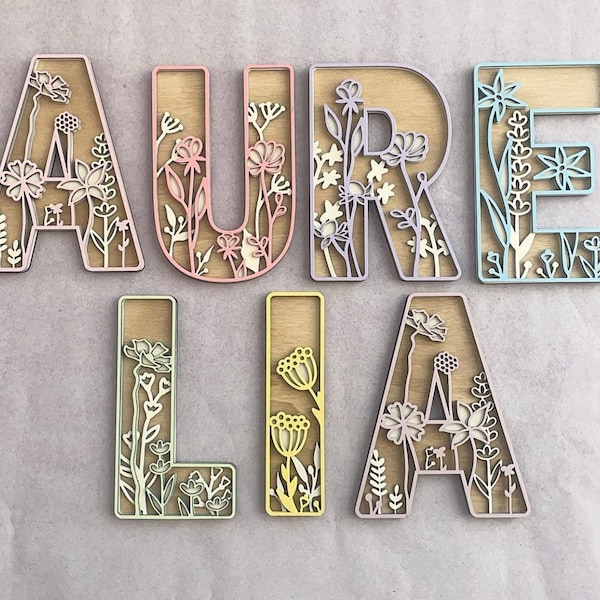 Floral Wooden Name Sign - Personalized Multi Layer Wildflower Letters Nursery Decor - Girls Bedroom