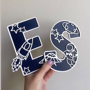 personalised space letter wall art featuring rocket, moon, planets & stars - ideal for children theme space room.