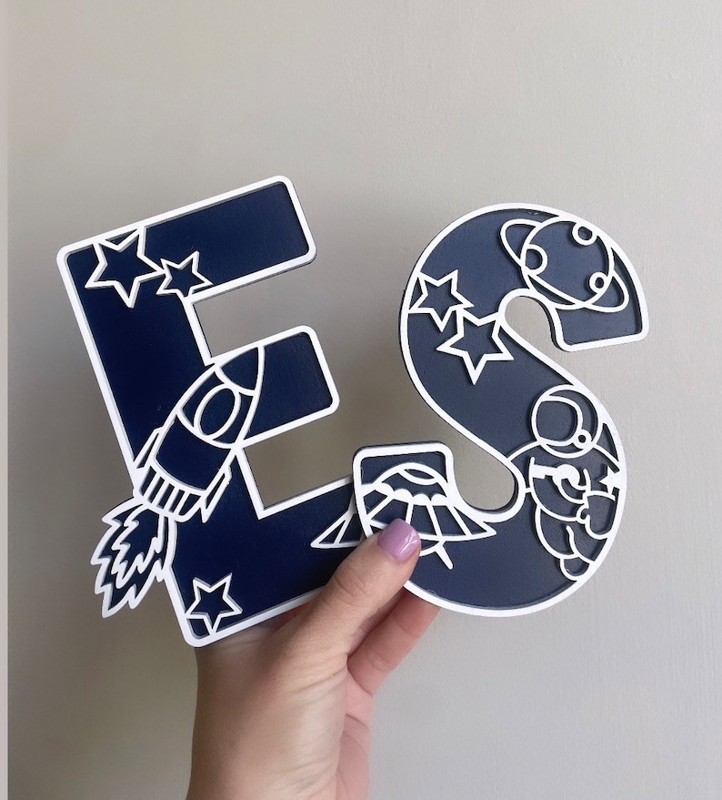 personalised space letter wall art featuring rocket, moon, planets & stars - ideal for children theme space room.