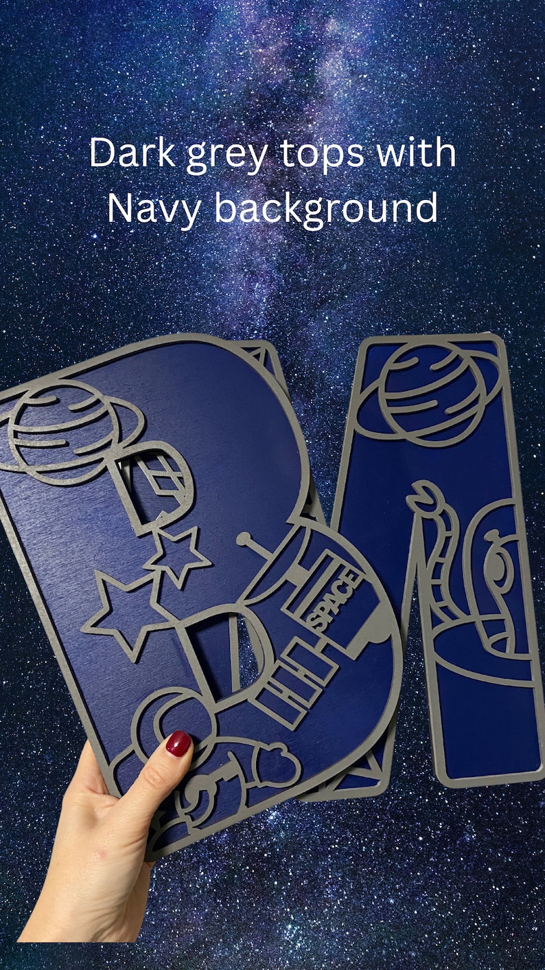 personalised space letter wall art featuring rocket, moon, planets & stars - ideal for children theme space room.
