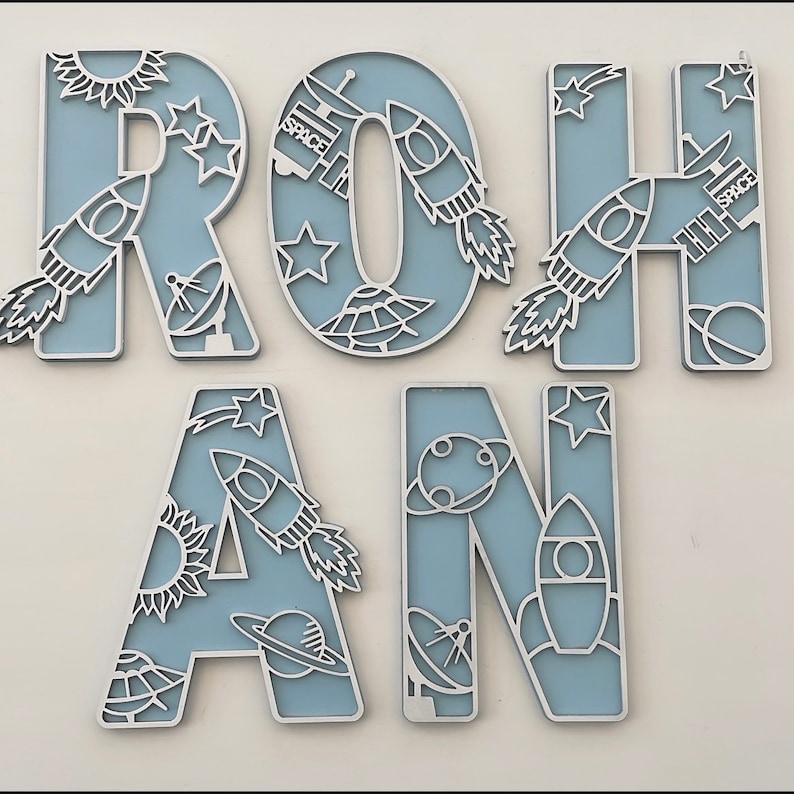 personalised space letter wall art featuring rocket, moon, planets & stars - ideal for children theme space room.