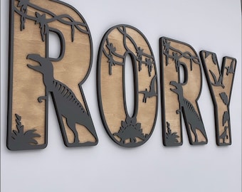 Dinosaur Theme Letter Name Sign | Wood Letter Wall Decor | Dino Nursery Bedroom