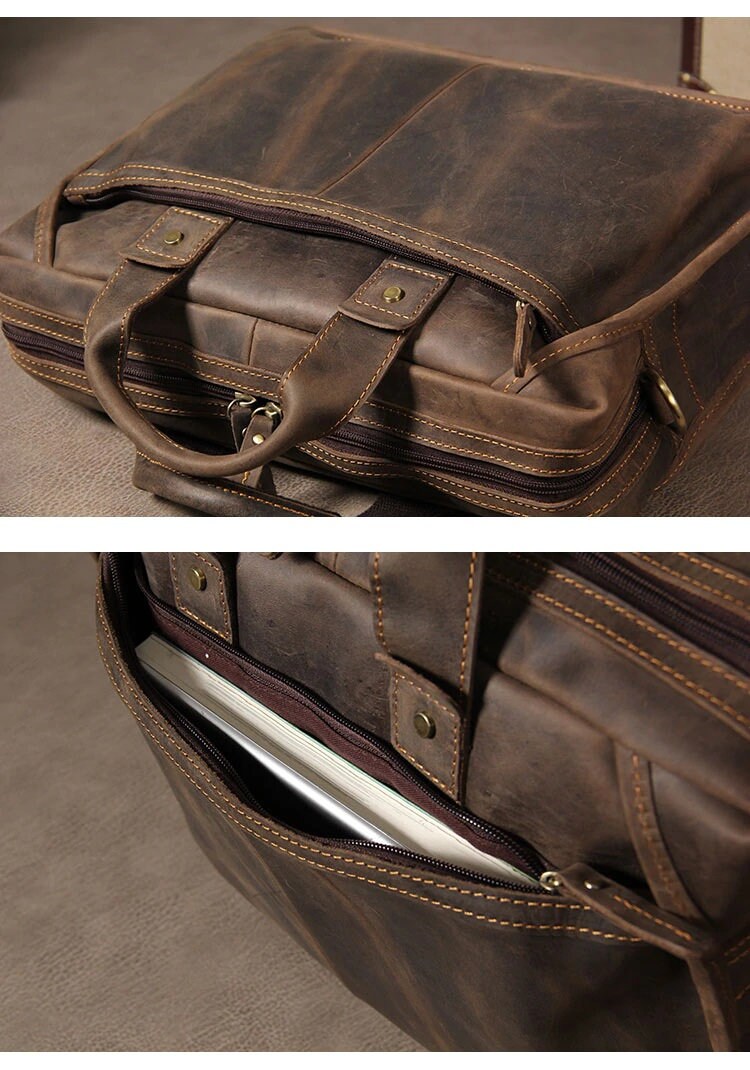 Retro Genuine Leather Men Laptop Bag Wax Leather Briefcase Men - Etsy