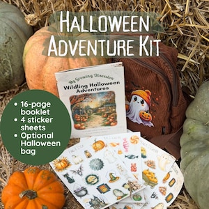 May include: A Halloween Adventure Kit featuring a 16-page booklet titled My Growing Obsession Wildling Halloween Adventures, four sticker sheets with various seasonal illustrations, and a brown corduroy backpack with a ghost graphic.