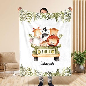 Personalized Lion Elephant Deer Monkey Tiger With Name Blanket, Baby blanket for boy, Baby Shower Gift, Nursery Blanket for Newborn Girl zdjęcie 1