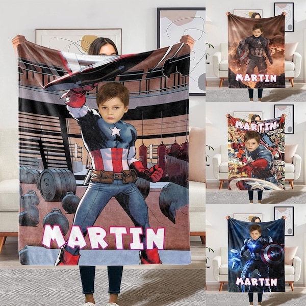 Personalized Photo Face Blanket, Custom Face Blanket for Boys and Girls, Superhero Blanket, Christmas Gift, Funny Party Birthday Theme