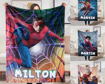 Custom Cartoon Blanket with Face, Blanket with Cartoon Name, Funny Christmas Gifts, Superhero Spider Man Blanket, Captain America Blanket