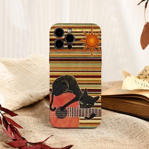May include: A phone case featuring a black cat playing a guitar. The case has a striped background with a sun graphic. The cat is black, and the guitar is red and brown. The case has a camera cutout.