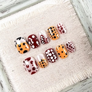 Square Press On Fake Nails with Polka Dot Patterns in Orange Black,Red White and Transparent Red Designs, for Casual Looks and Stylish Women