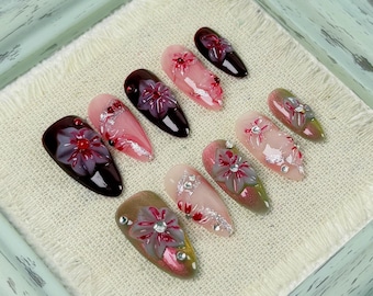 Ethereal Almond Press On Nails in Soft Green with Glitter, 3D Flowers and Crystal Accents, Dreamy Nails for Summer Dates or Garden Events