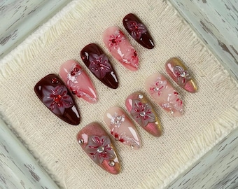 Charming Almond Press On Nails with Pink Brown Base, 3D Red Floral Beads and Rhinestones, Fake Nails for Weddings, Parties and Daily Glam