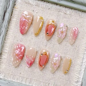 Romantic Almond Press On Nail with Translucent Flowers and Silver Beads on Light Pink Base, Fake Nail for Spring Events or Showers