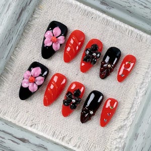 Exquisite Black Red Almond Press On Nail, Adorned with 3D Floral and Pearl Designs, Fake Nail for Special Occasions and Glamorous Parties