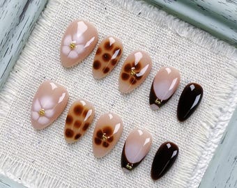 Stylish Almond Press On Nail with Pink Base,Gold Flowers,Brown Leopard Details and Gradient Touch,Fake Nail for Date Night or Elegant Events