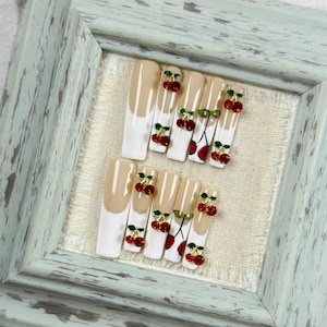 Charming Coffin Press On Nails in Cream to Gradient, Decorated with Bright Red Cherries,Leaves and Golden Stems,Ideal for Summer Parties
