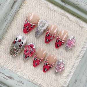 Exquisite Red Leopard Almond Press On Nail, Adorned with Rhinestones and Floral Accents, Fake Nail Ideal for Parties and Special Occasions