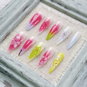 Dreamy Long Almond Press On Nail with Pink Yellow Green Gradient and 3D Blossoms, Fake Nail for Sweet Spring Dates or Casual Outings