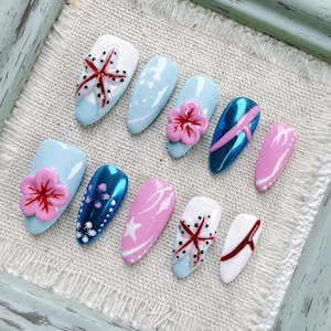 Stunning Almond Press On Nail with 3D Floral Art, Star Elements, Gradient Blues and Black Dots on Soft Base, Fake Nail for Special Outings