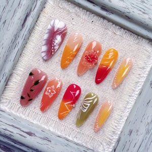 Nature Inspired Almond Press On Nails with Pink, Orange and Yellow Tones, Floral Patterns and Gradient Effects for Charming and Fresh Style
