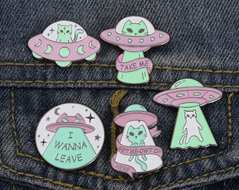 Spacecraft  Pin Alien Cat Hard Enamel Pins Lovely Cute Pin Kawaii Lapel Pin Badge Brooch Pin for Backpacks Jeans Hats Funny Gift for her