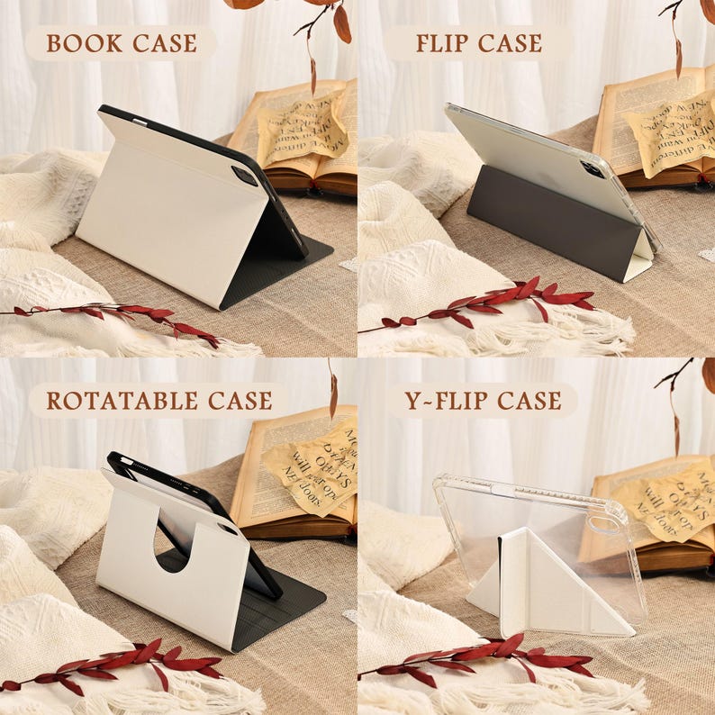 Może przedstawiać: Prezentowane są cztery r&oacute;żne etui na tablety, każde o unikalnym designie. Etui są oznaczone jako "BOOK CASE", "FLIP CASE", "ROTATABLE CASE" i "Y-FLIP CASE". Etui są białe, czarne i przezroczyste i są prezentowane z otwartymi książkami i elementami dekoracyjnymi.