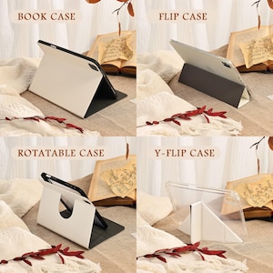May include: Four different tablet cases are displayed, each in a unique design. The cases are labeled "BOOK CASE", "FLIP CASE", "ROTATABLE CASE", and "Y-FLIP CASE". The cases are white, black, and clear, with a tablet inside each case.