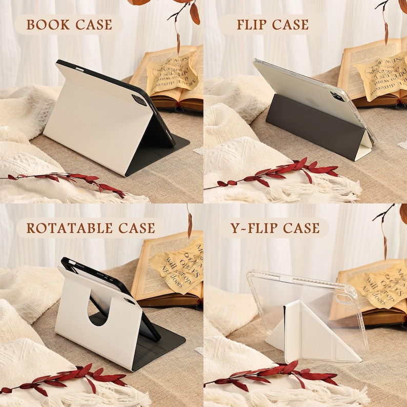 May include: Four different tablet cases are displayed, each in a unique design. The cases are labeled "BOOK CASE", "FLIP CASE", "ROTATABLE CASE", and "Y-FLIP CASE". The cases are white, black, and clear, with a tablet inside each case.