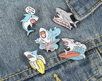 Shark Cartoon Pin Slogan Hard Enamel Pin Lovely Cute Pin Kawaii Lapel Pin Badge Pin for Backpacks Jeans Banana Shark Emotion Funny Pin anime
