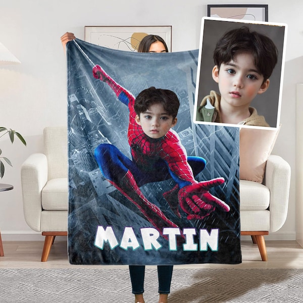 Personalized Blanket with Photo, Custom Cartoon Blanket with Face, Superhero Blanket for Kids, Christmas Funny Gifts, Minky Baby Blanket