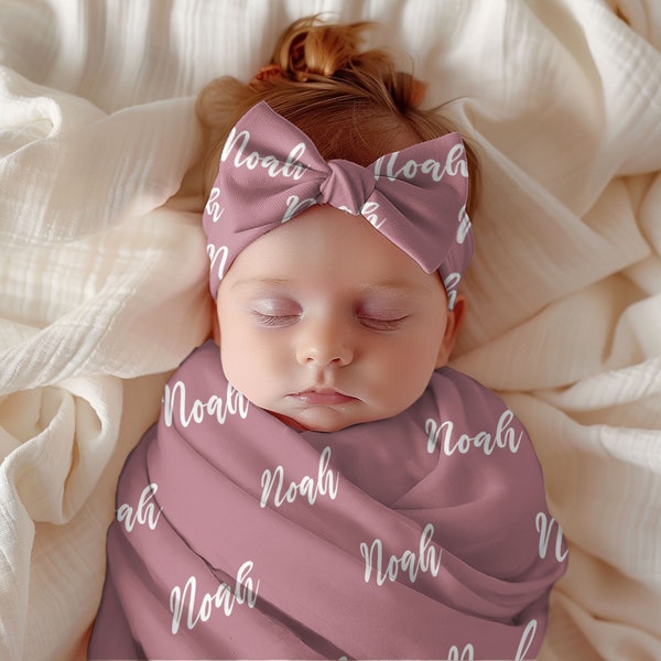 Personalized Baby Name Swaddle, Baby Name Blanket, Swaddle Hat Bow Set Newborn Name Swaddle, Hospital Blanket, Baby Shower Gift, Baby Gift