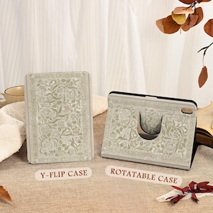 May include: Two tablet cases with a floral design in light gray and green. One is a Y-flip case, and the other is a rotatable case. The cases have a rectangular shape with a decorative border and are made of a durable material.