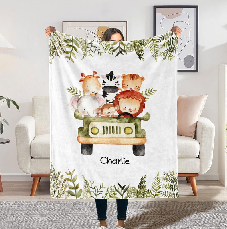 Personalized Lion Elephant Deer Monkey Tiger With Name Blanket, Baby blanket for boy, Baby Shower Gift, Nursery Blanket for Newborn Girl zdjęcie 2