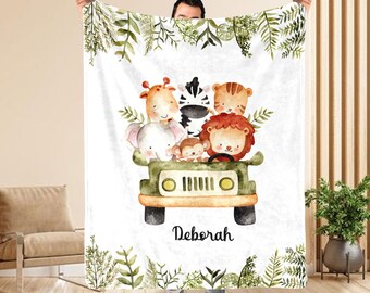 Personalized Lion Elephant Deer Monkey Tiger With Name Blanket, Baby blanket for boy, Baby Shower Gift, Nursery Blanket for Newborn Girl