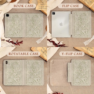 May include: A collection of iPad cases in various styles: Book Case, Flip Case, Rotatable Case, and Y-Flip Case. Each case features a floral pattern in shades of green and beige. The text "BOOK CASE", "FLIP CASE", "ROTATABLE CASE", and "Y-FLIP CASE" are visible.